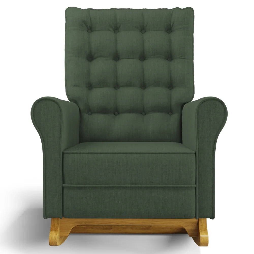 Poltrona de Amamentação Balanço e Puff Base de Madeira Brenda G05 Linho Verde - Mpozenato