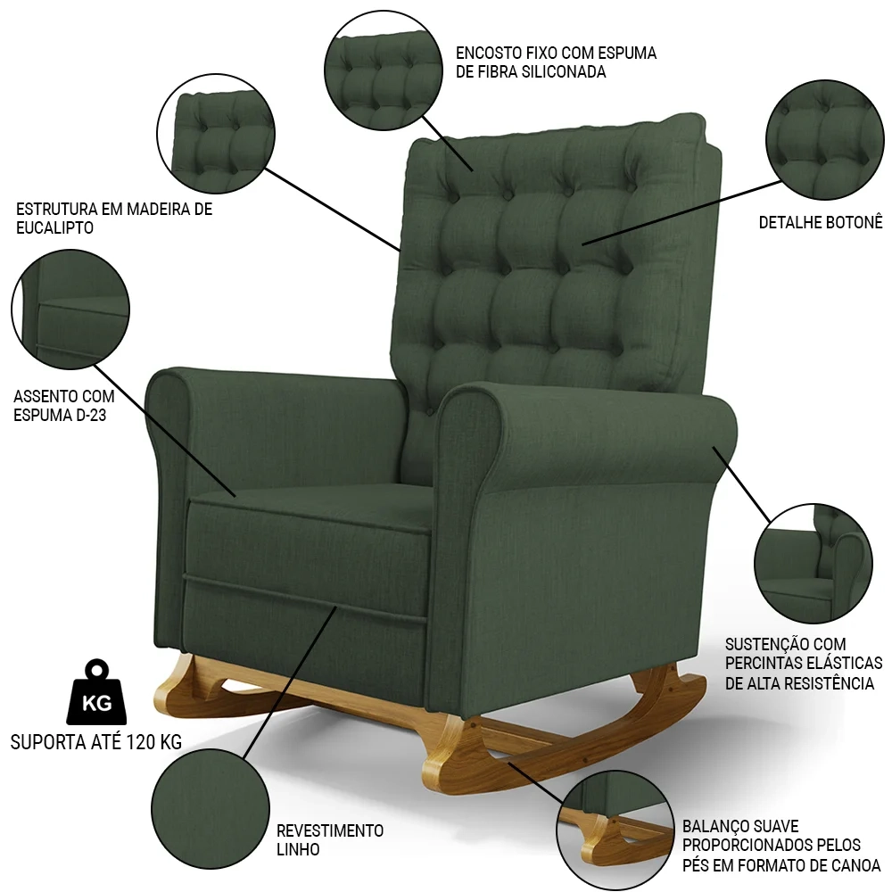 Poltrona de Amamentação Balanço e Puff Base de Madeira Brenda G05 Linho Verde - Mpozenato