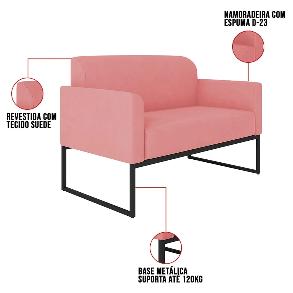 Kit Namoradeira e 2 Poltronas Decorativas Base Industrial Preta Maressa S17 Suede Rosê - Ibiza