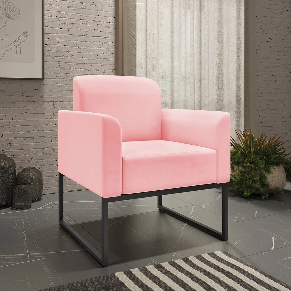 Kit Namoradeira e 2 Poltronas Decorativas Base Industrial Preta Maressa S19 Suede Rosa Bebê - Ibiza