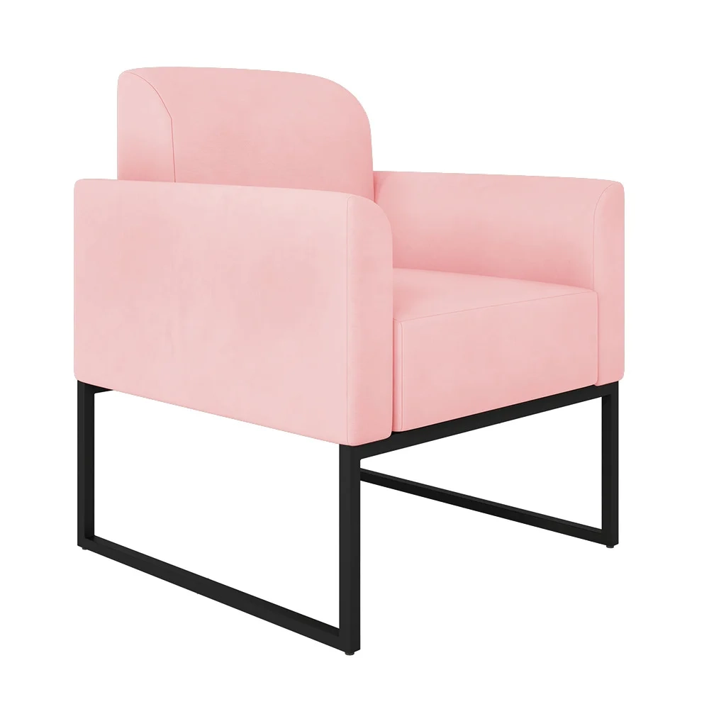 Kit Namoradeira e 2 Poltronas Decorativas Base Industrial Preta Maressa S19 Suede Rosa Bebê - Ibiza