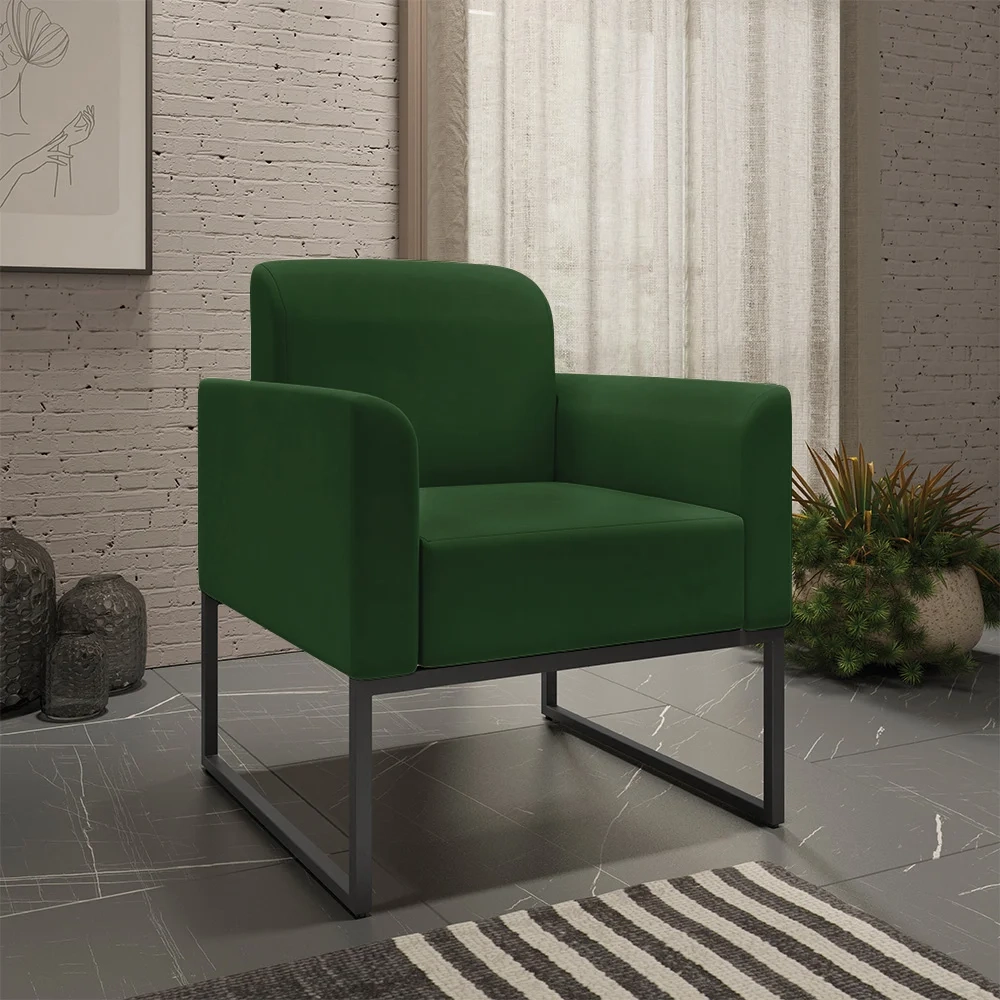 Kit Namoradeira e 2 Poltronas Decorativas Base Industrial Preta Maressa S23 Suede Verde - Ibiza