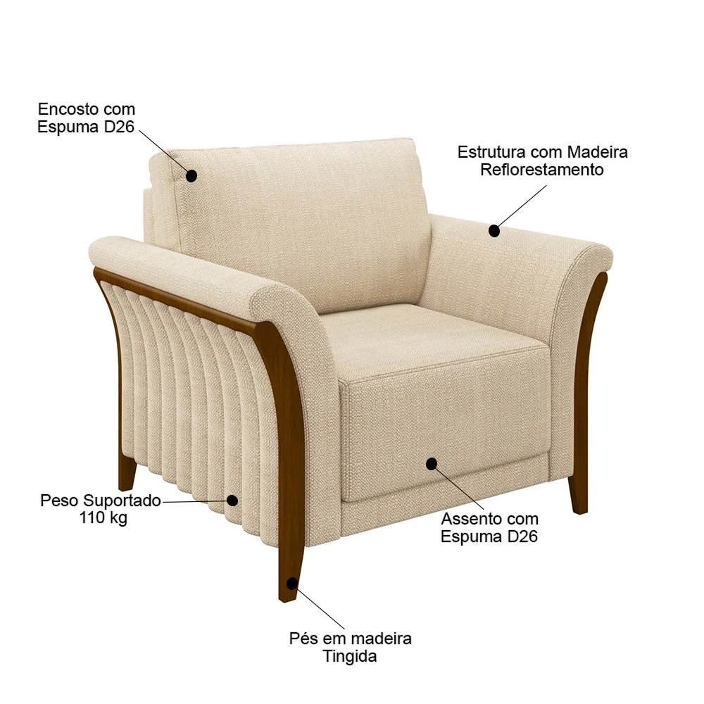 Kit 2 Poltronas Decorativas Sala de Estar 102cm Pés Madeira Roya Z32 Linho Champanhe - Mpozenato