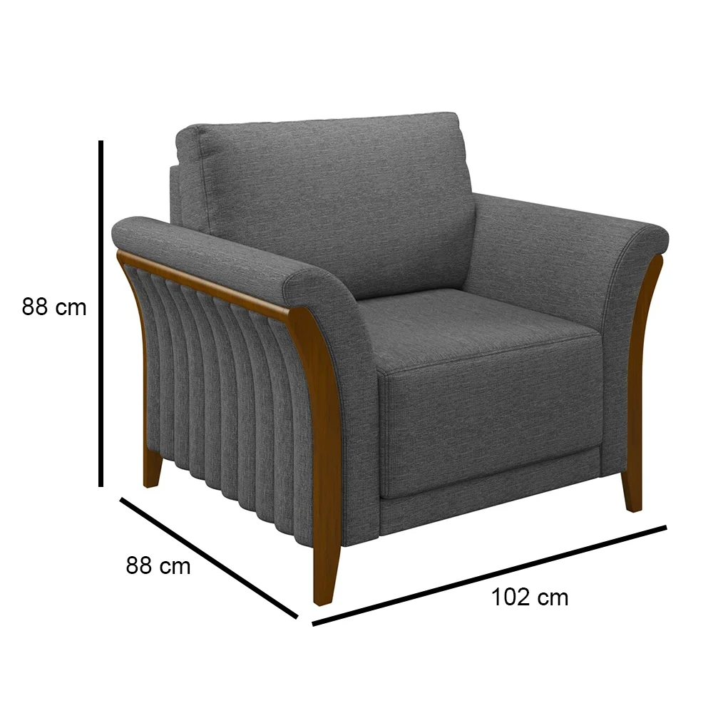 Kit 2 Poltronas Decorativas Sala de Estar 102cm Pés Madeira Roya Z32 Linho Cinza Escuro - Mpozenato