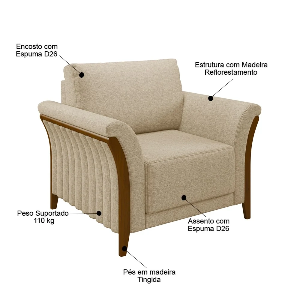 Kit 2 Poltronas Decorativas Sala de Estar 102cm Pés Madeira Roya Z32 Linho Bege - Mpozenato