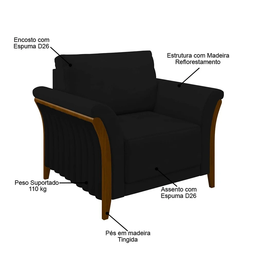 Kit 2 Poltronas Decorativas Sala de Estar 102cm Pés Madeira Roya Z32 Veludo Preto - Mpozenato