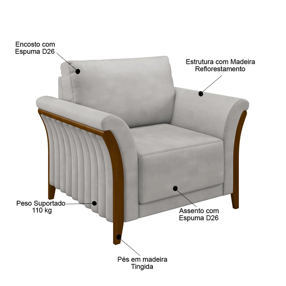 Kit 2 Poltronas Decorativas Sala de Estar 102cm Pés Madeira Roya Z32 Veludo Cinza - Mpozenato