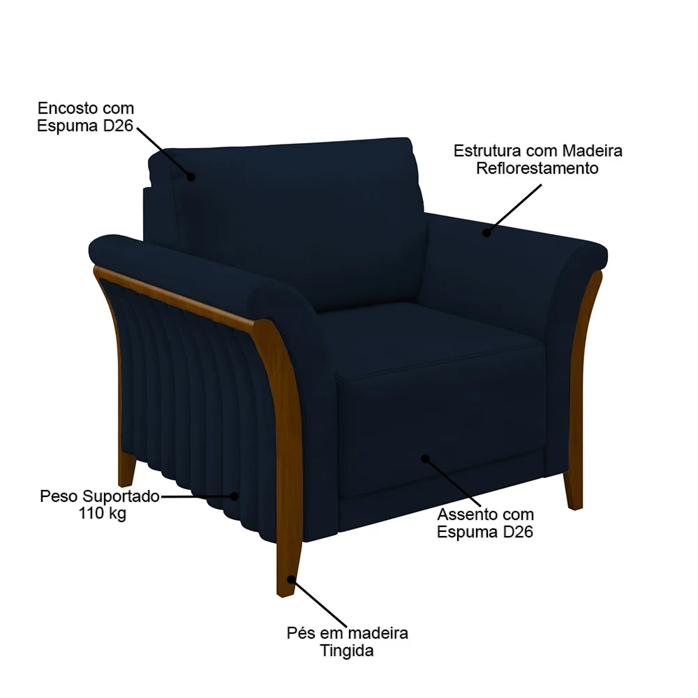 Kit 2 Poltronas Decorativas Sala de Estar 102cm Pés Madeira Roya Z32 Veludo Azul Marinho - Mpozenato