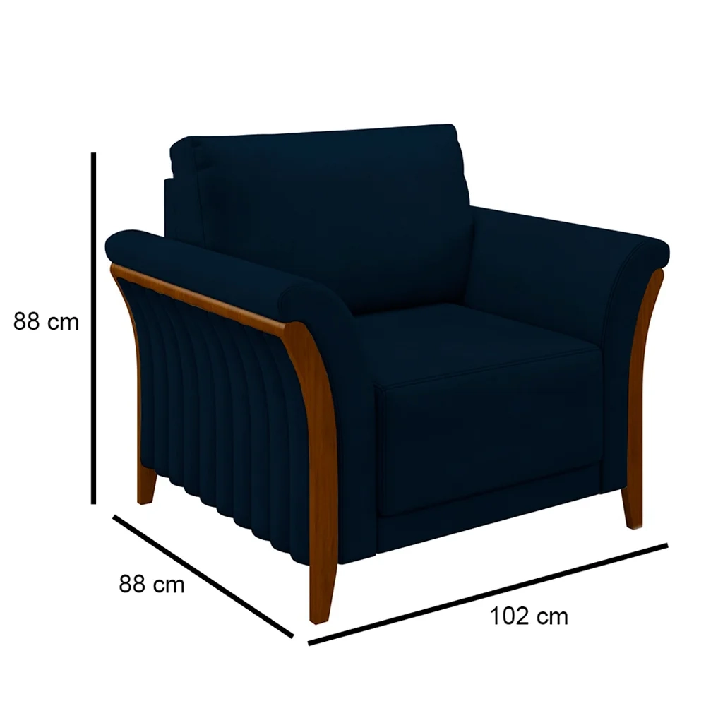 Kit 2 Poltronas Decorativas Sala de Estar 102cm Pés Madeira Roya Z32 Veludo Azul Marinho - Mpozenato