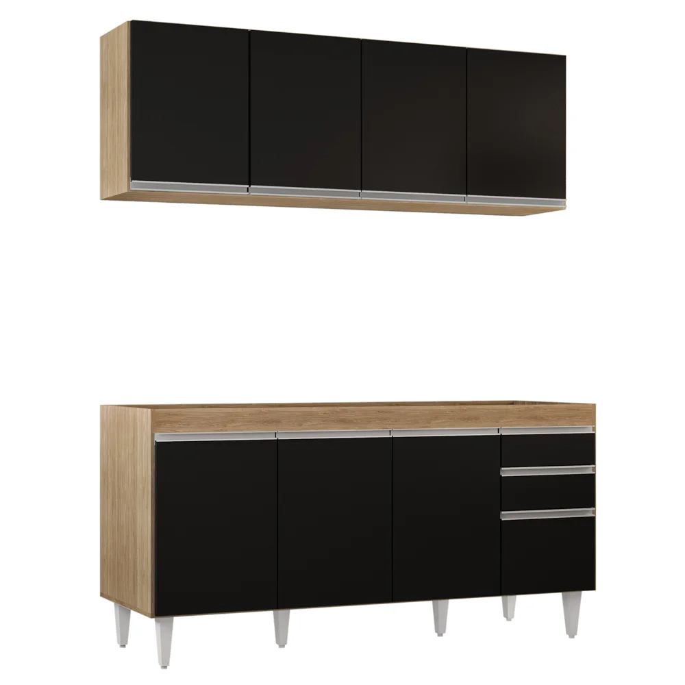 Armário Aéreo Nevada e Balcão Para Pia 160cm Arkansas Castanho/Preto - Lumil Móveis