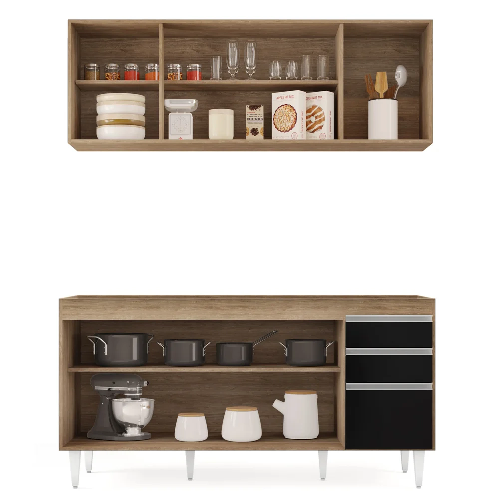 Armário Aéreo Nevada e Balcão Para Pia 160cm Arkansas Castanho/Preto - Lumil Móveis