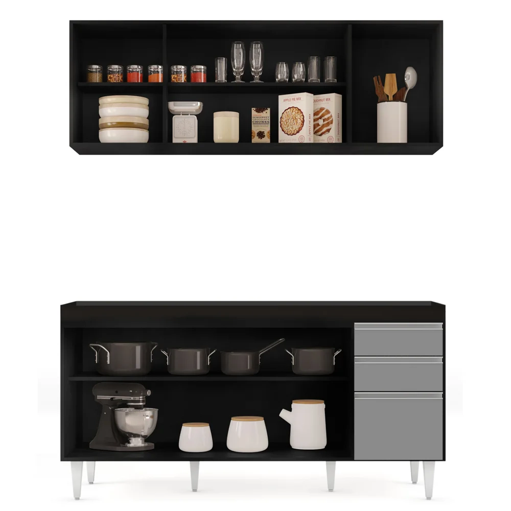 Armário Aéreo Nevada e Balcão Para Pia 160cm Arkansas Preto/Cinza - Lumil Móveis