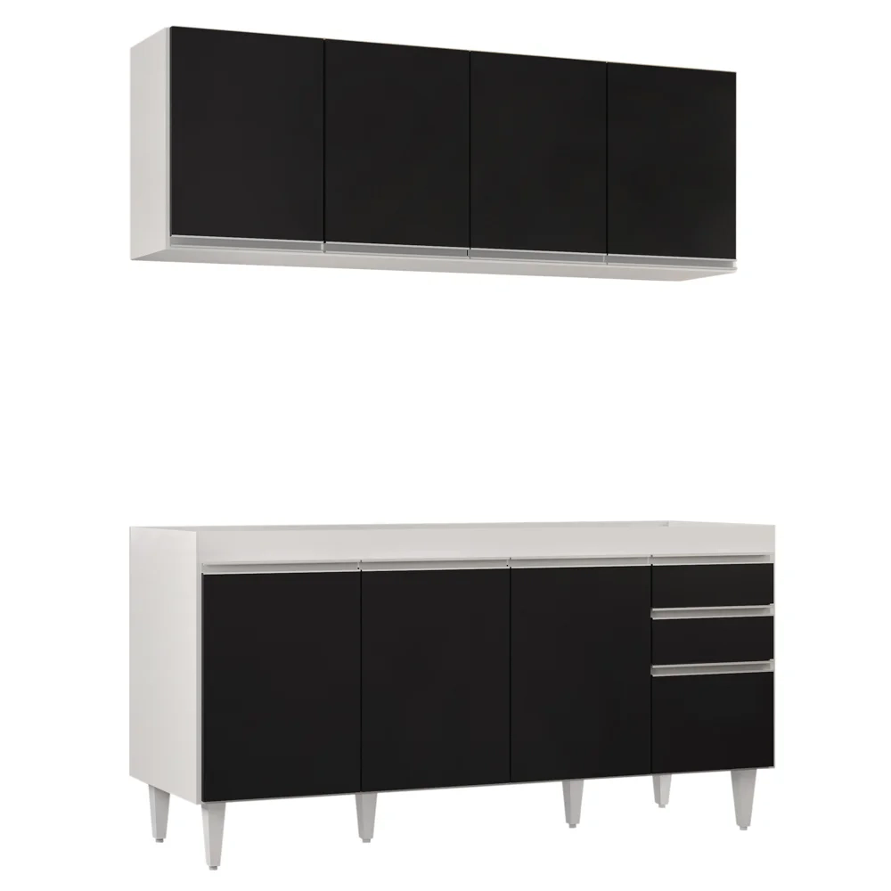 Armário Aéreo Nevada e Balcão Para Pia 160cm Arkansas Branco/Preto - Lumil Móveis