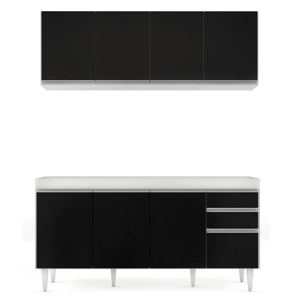 Armário Aéreo Nevada e Balcão Para Pia 160cm Arkansas Branco/Preto - Lumil Móveis