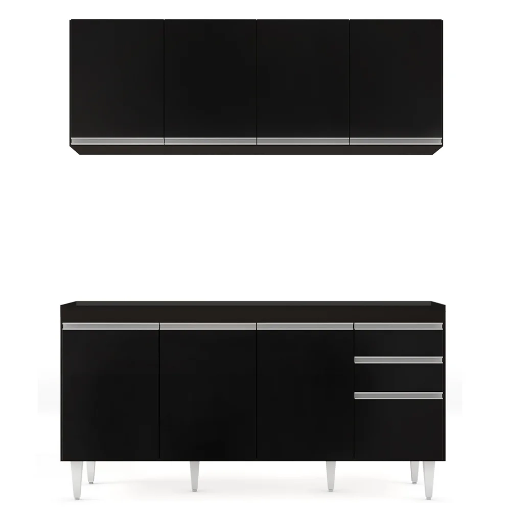 Armário Aéreo Nevada e Balcão Para Pia 160cm Arkansas Preto - Lumil Móveis