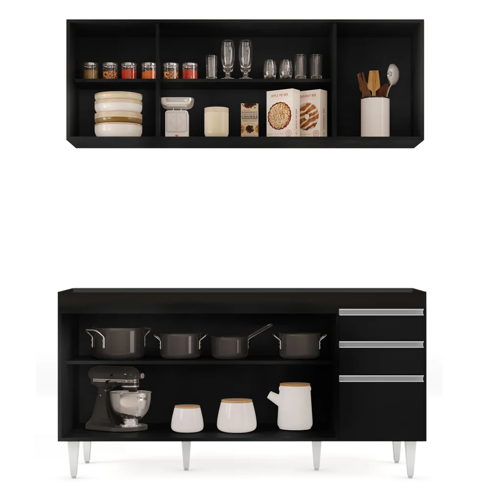 Armário Aéreo Nevada e Balcão Para Pia 160cm Arkansas Preto - Lumil Móveis