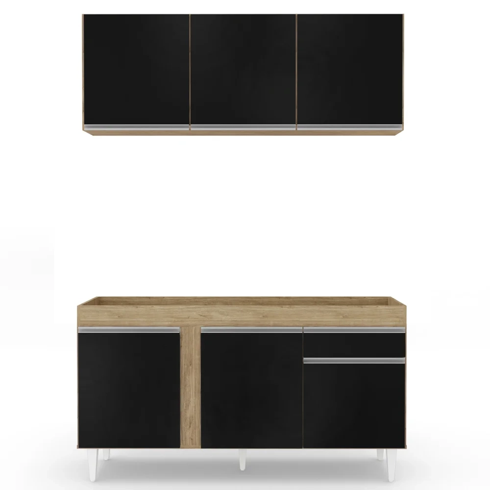 Armário Aéreo Argélia e Balcão Para Pia 150cm Dakota Castanho/Preto - Lumil Móveis