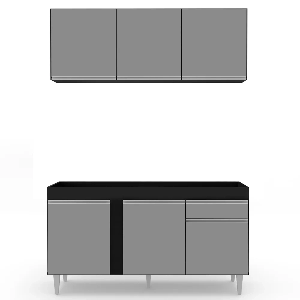 Armário Aéreo Argélia e Balcão Para Pia 150cm Dakota Preto/Cinza - Lumil Móveis