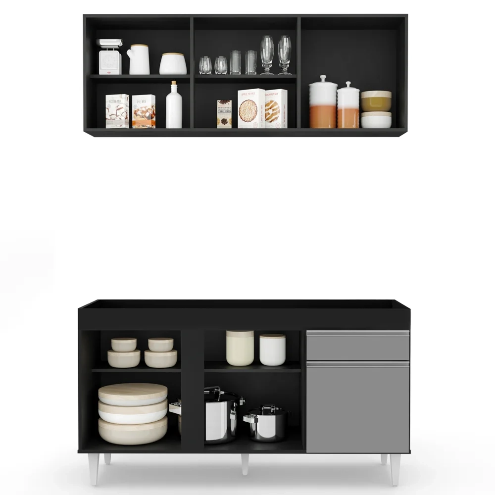 Armário Aéreo Argélia e Balcão Para Pia 150cm Dakota Preto/Cinza - Lumil Móveis