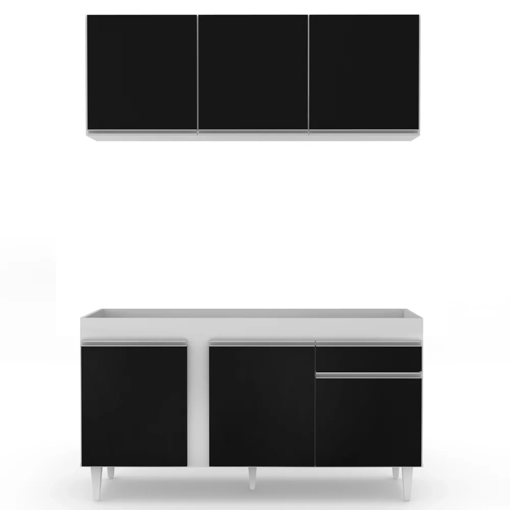 Armário Aéreo Argélia e Balcão Para Pia 150cm Dakota Branco/Preto - Lumil Móveis