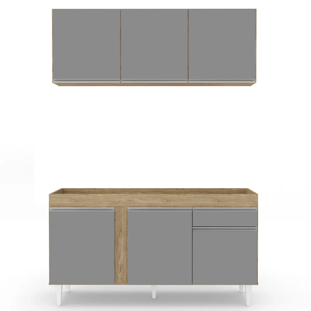 Armário Aéreo Argélia e Balcão Para Pia 150cm Dakota Castanho/Cinza - Lumil Móveis