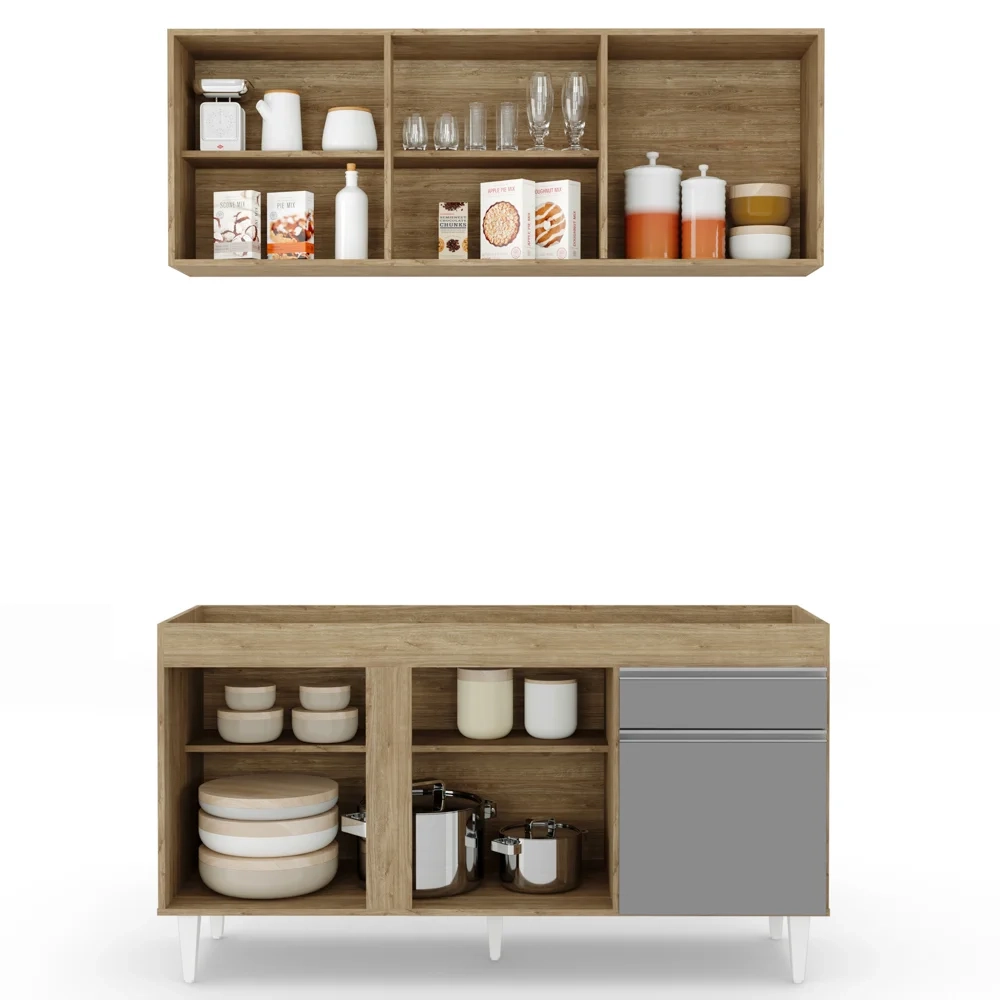 Armário Aéreo Argélia e Balcão Para Pia 150cm Dakota Castanho/Cinza - Lumil Móveis