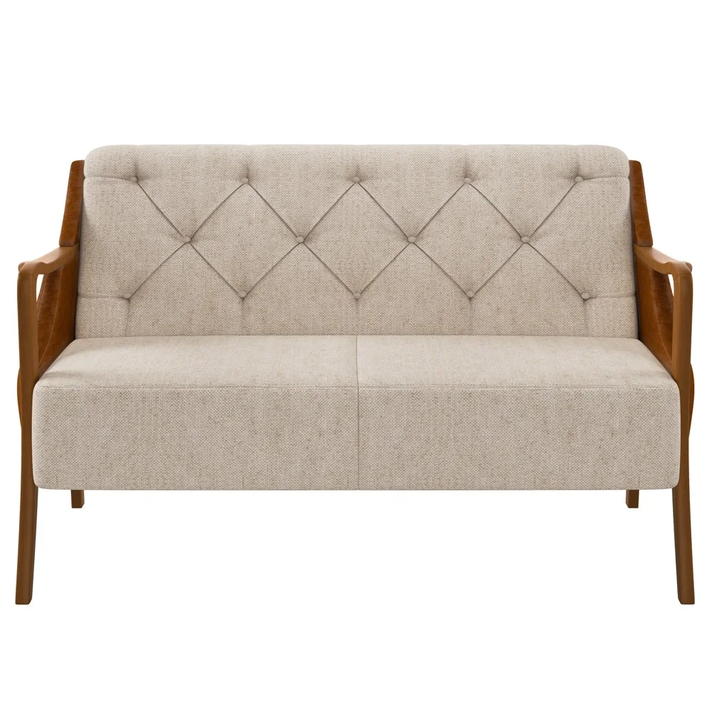 Kit Namoradeira 135cm e 2 Poltronas Decorativas Capitonê Lapa Z32 PU Camel/Linho Cru - Mpozenato