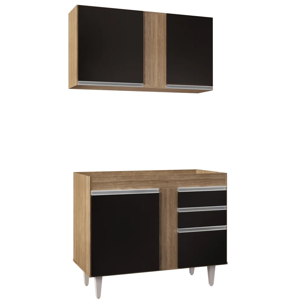 Armário Aéreo Indiana e Balcão Para Pia 100cm Luziania Castanho/Preto - Lumil Móveis