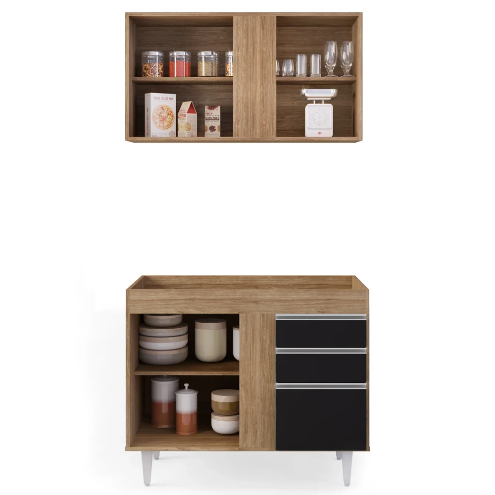 Armário Aéreo Indiana e Balcão Para Pia 100cm Luziania Castanho/Preto - Lumil Móveis