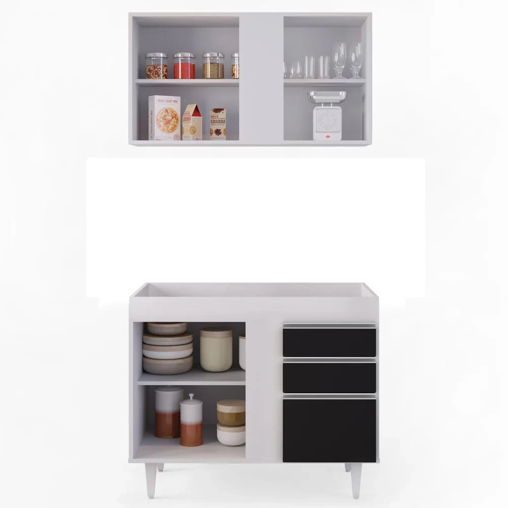 Armário Aéreo Indiana e Balcão Para Pia 100cm Luziania Branco/Preto - Lumil Móveis