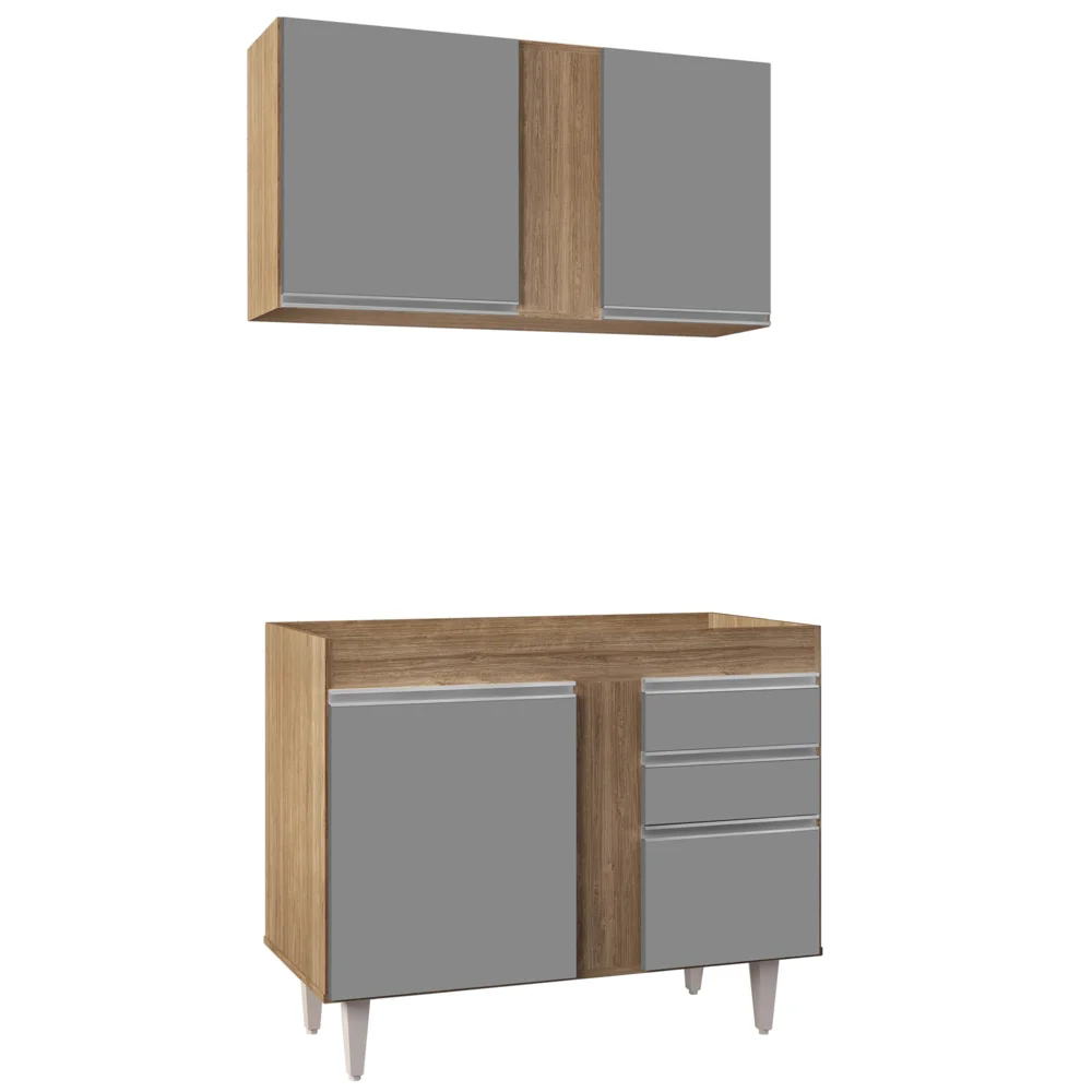 Armário Aéreo Luziania e Balcão Para Pia 100cm Indiana Castanho/Cinza - Lumil Móveis