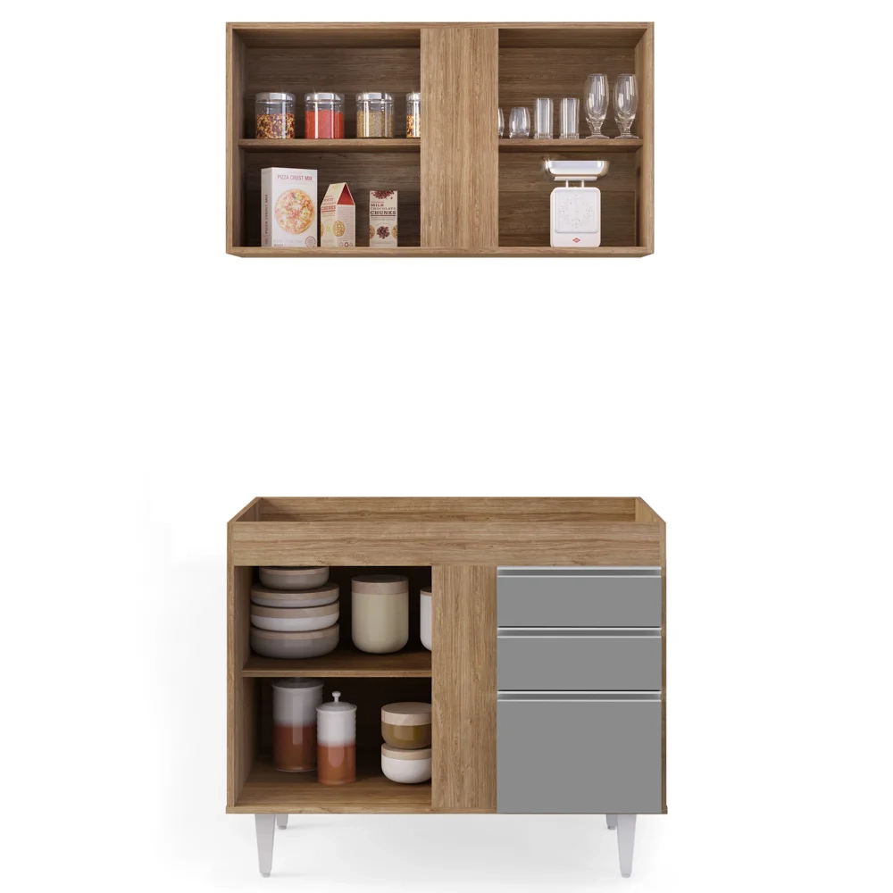 Armário Aéreo Luziania e Balcão Para Pia 100cm Indiana Castanho/Cinza - Lumil Móveis