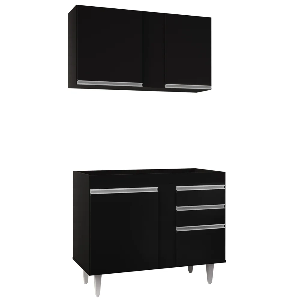 Armário Aéreo Indiana e Balcão Para Pia 100cm Luziania Preto - Lumil Móveis