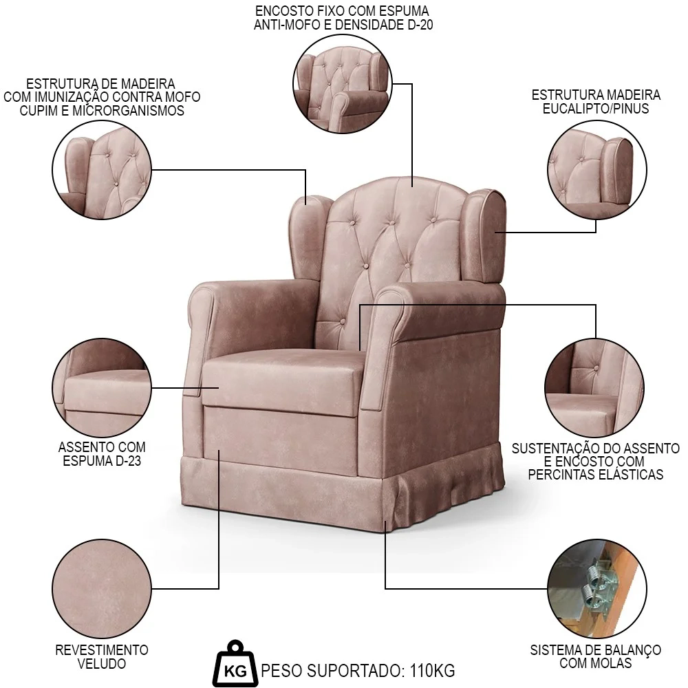 Poltrona de Amamentação Balanço Lucy Z39 Veludo Rosê - Mpozenato