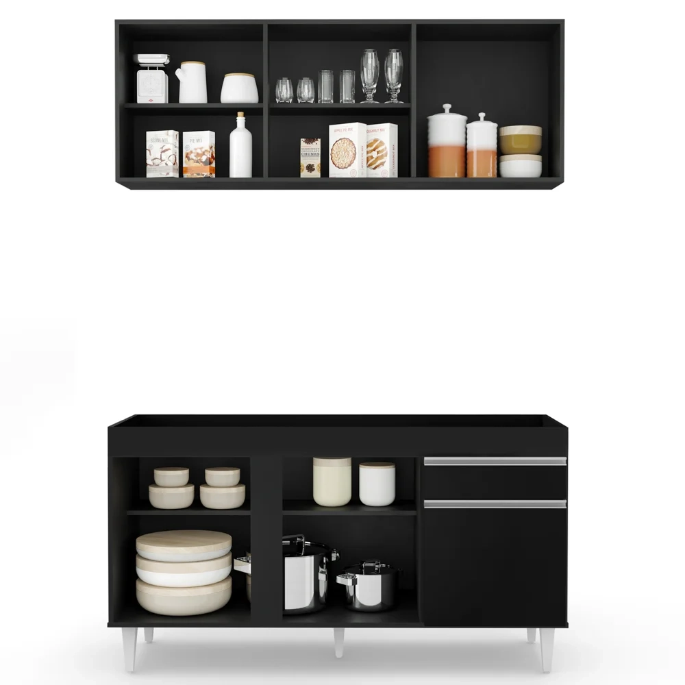 Armário Aéreo Argélia e Balcão Para Pia 150cm Dakota Preto - Lumil Móveis