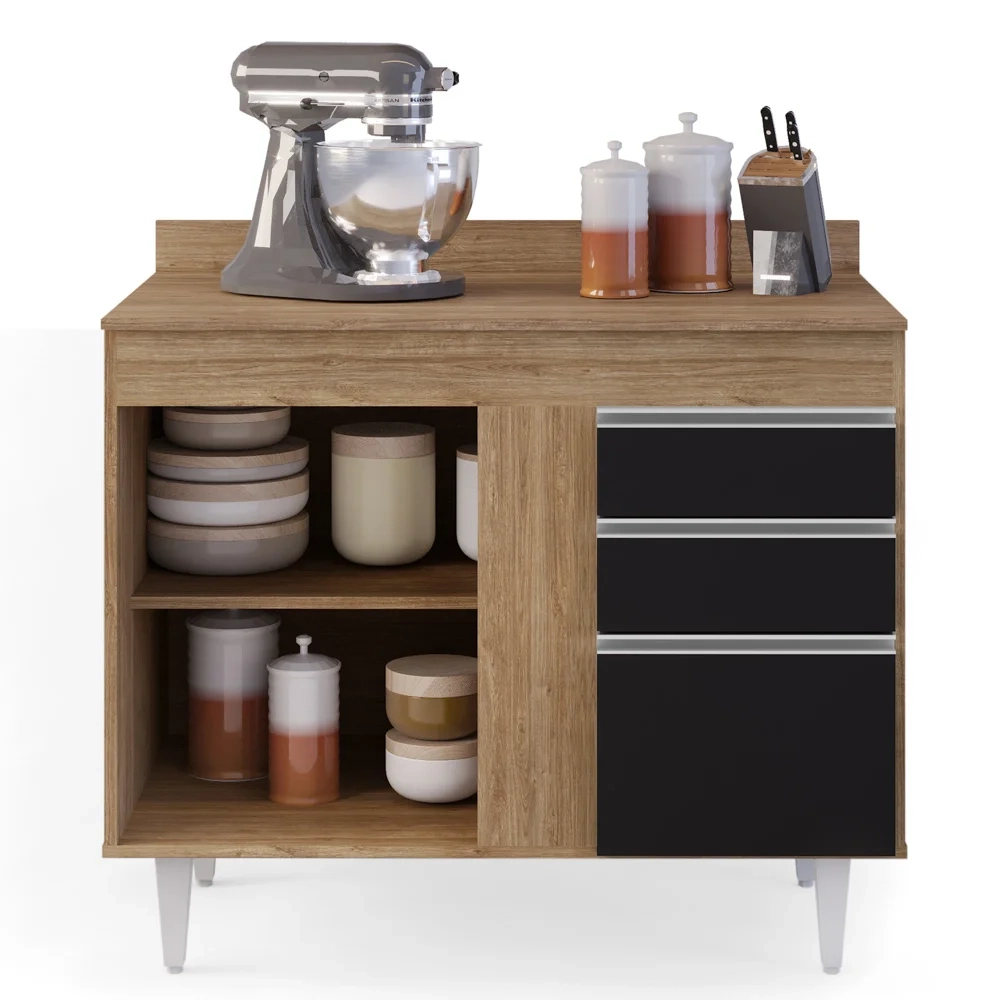 Armário Aéreo Indiana e Balcão Gabinete 100cm Luziania Castanho/Preto - Lumil Móveis