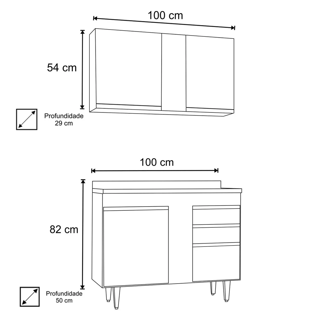 Armário Aéreo Indiana e Balcão Gabinete 100cm Luziania Castanho/Preto - Lumil Móveis