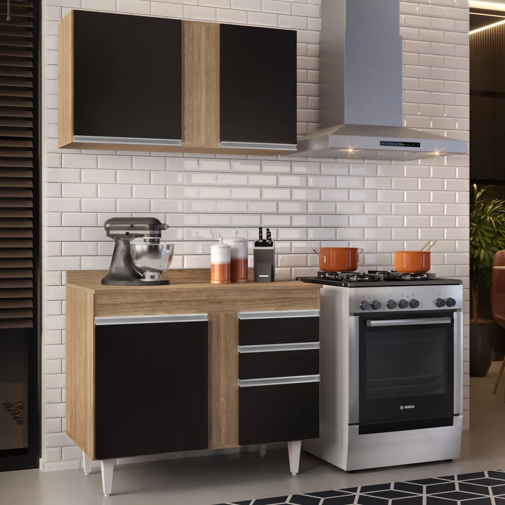 Armário Aéreo Indiana e Balcão Gabinete 100cm Luziania Castanho/Preto - Lumil Móveis