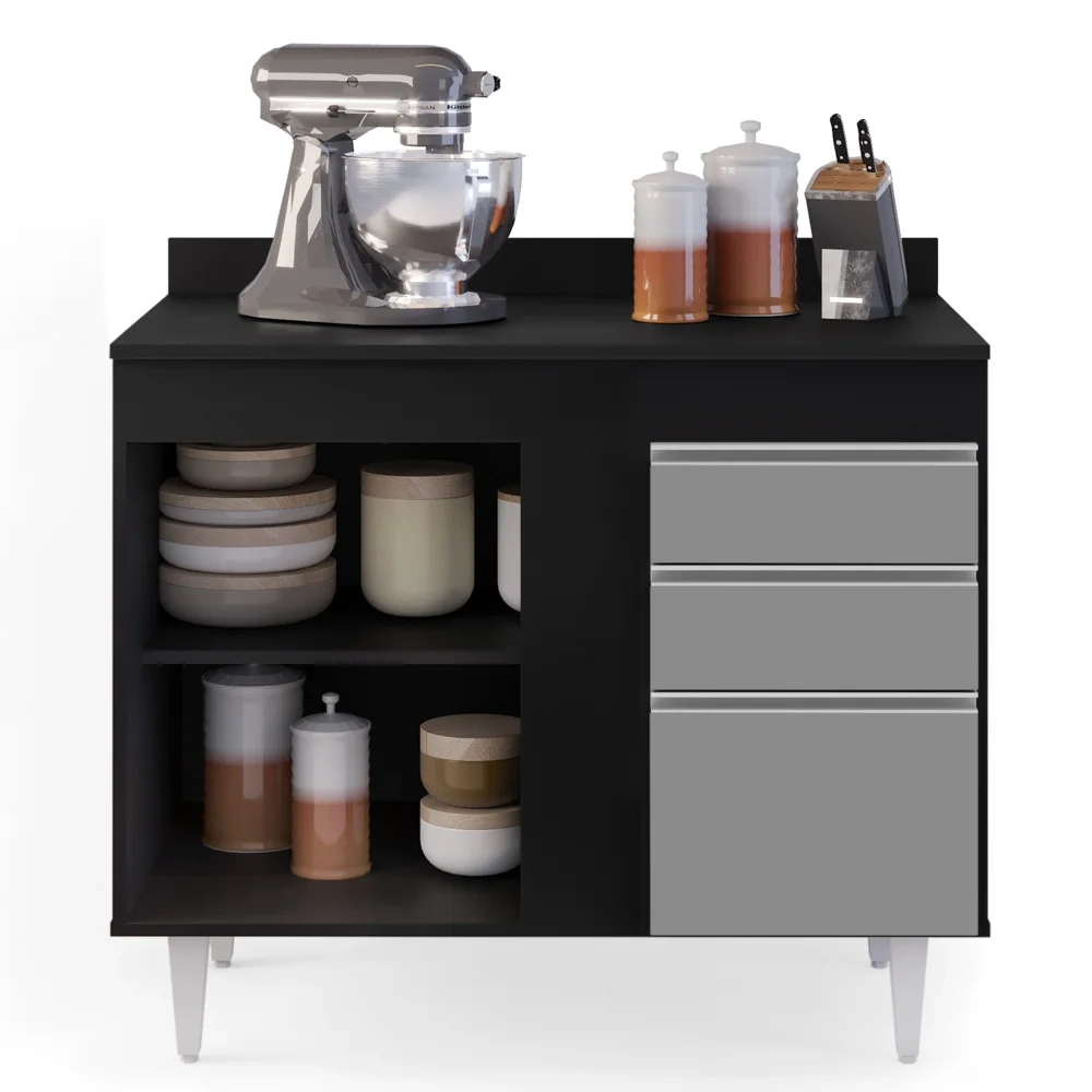 Armário Aéreo Indiana e Balcão Gabinete 100cm Luziania Preto/Cinza - Lumil Móveis