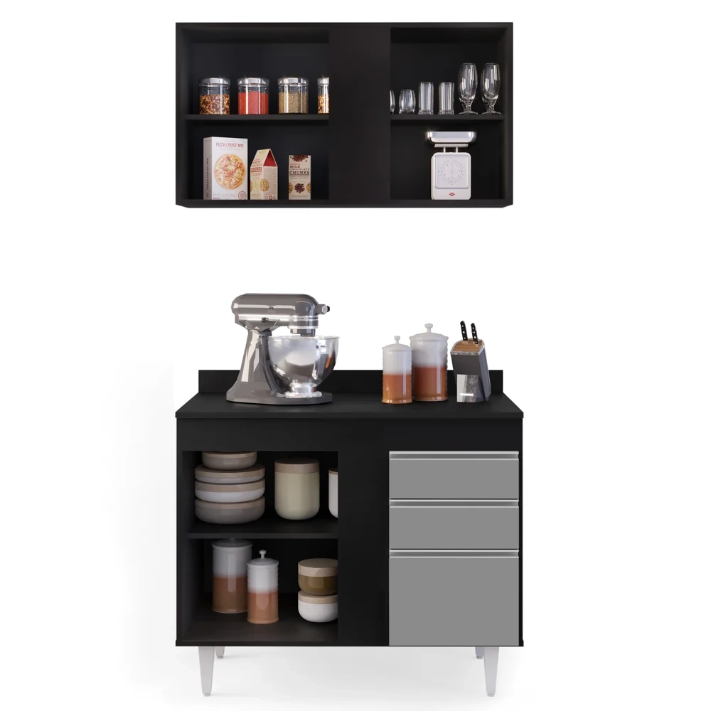 Armário Aéreo Indiana e Balcão Gabinete 100cm Luziania Preto/Cinza - Lumil Móveis