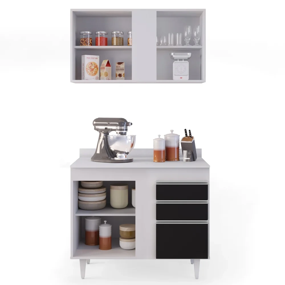 Armário Aéreo Indiana e Balcão Gabinete 100cm Luziania Branco/Preto - Lumil Móveis