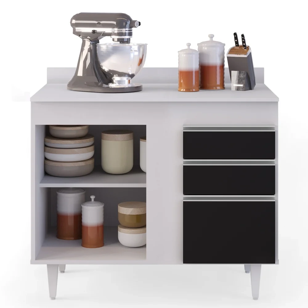 Armário Aéreo Indiana e Balcão Gabinete 100cm Luziania Branco/Preto - Lumil Móveis