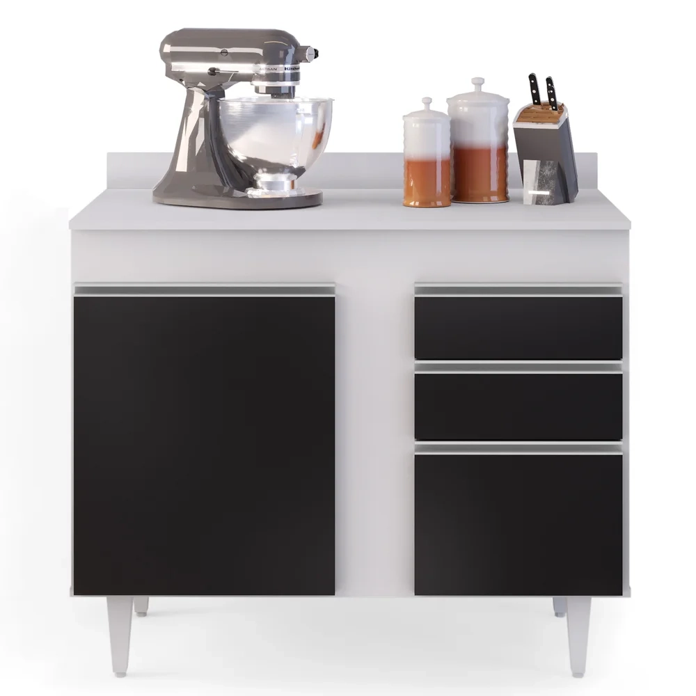 Armário Aéreo Indiana e Balcão Gabinete 100cm Luziania Branco/Preto - Lumil Móveis