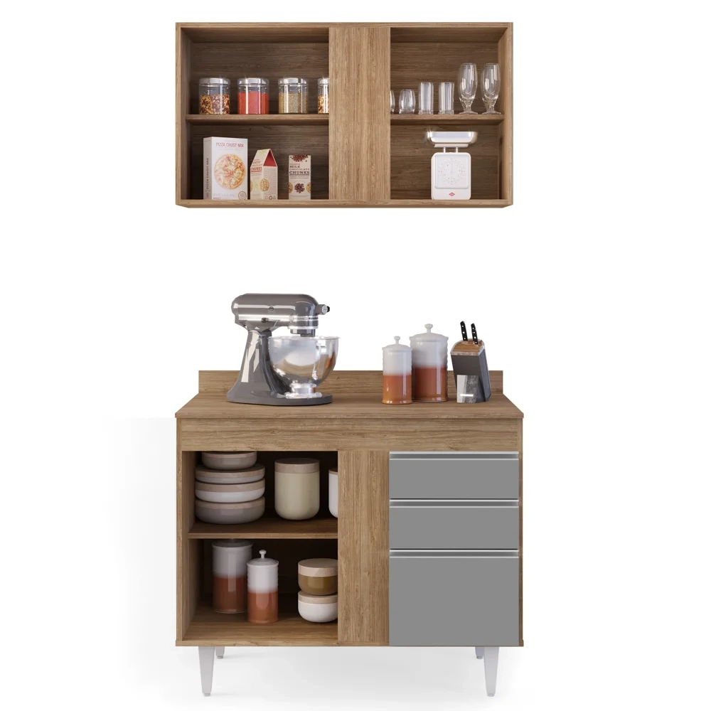 Armário Aéreo Indiana e Balcão Gabinete 100cm Luziania Castanho/Cinza - Lumil Móveis