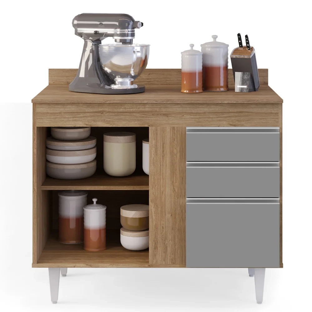 Armário Aéreo Indiana e Balcão Gabinete 100cm Luziania Castanho/Cinza - Lumil Móveis