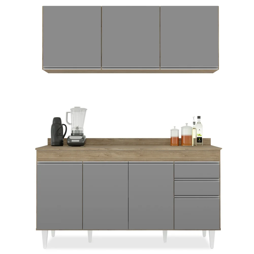 Armário Aéreo Argélia e Balcão Gabinete com Tampo 150cm Marrocos Castanho/Cinza - Lumil Móveis