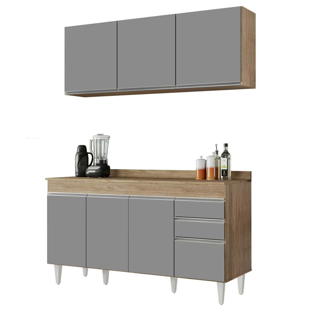 Armário Aéreo Argélia e Balcão Gabinete com Tampo 150cm Marrocos Castanho/Cinza - Lumil Móveis