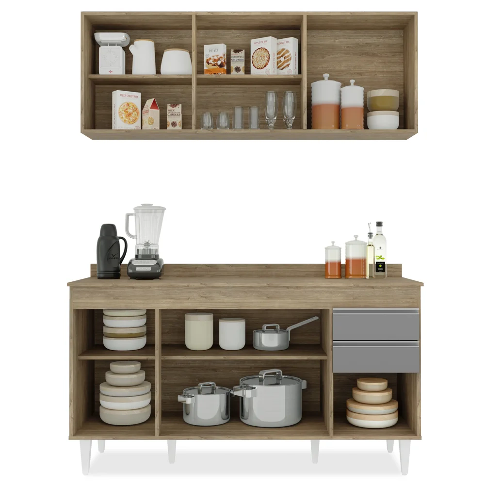 Armário Aéreo Argélia e Balcão Gabinete com Tampo 150cm Marrocos Castanho/Cinza - Lumil Móveis