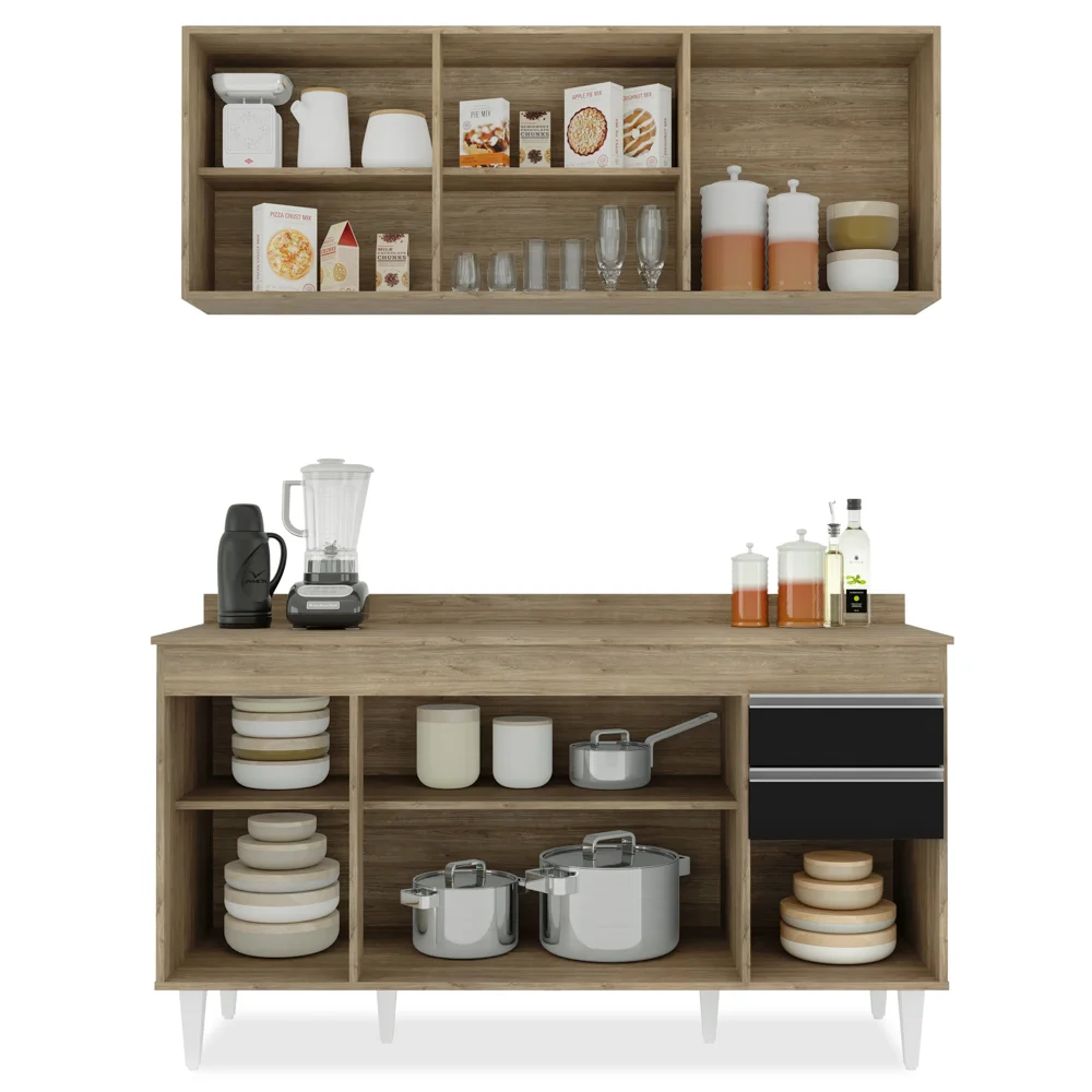 Armário Aéreo Argélia e Balcão Gabinete 150cm Marrocos Castanho/Preto - Lumil Móveis