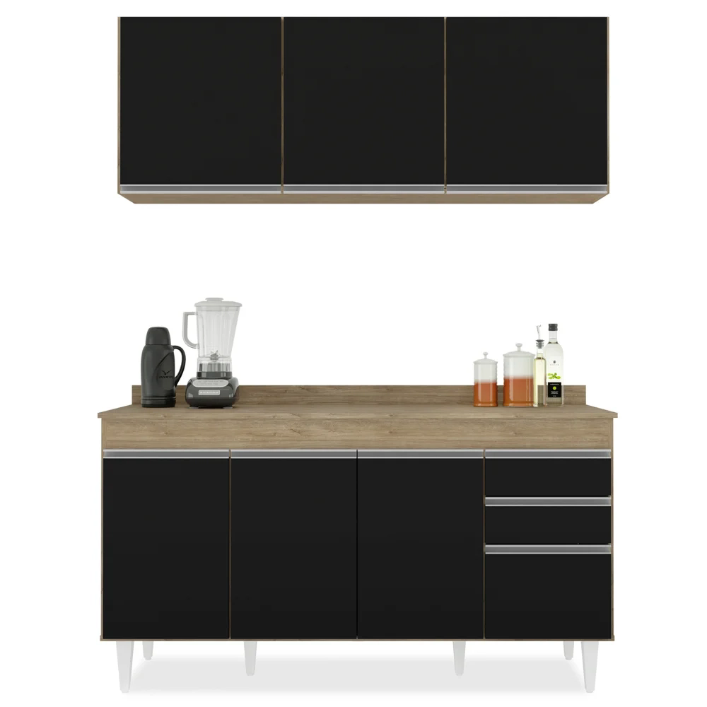 Armário Aéreo Argélia e Balcão Gabinete 150cm Marrocos Castanho/Preto - Lumil Móveis